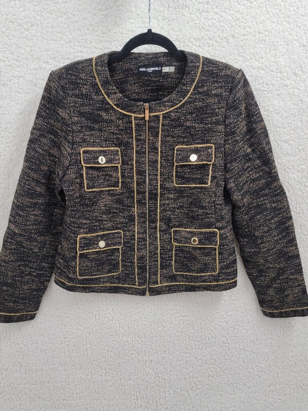 Karl Lagerfeld Paris Black Gold Tweed Jacket Full Zip Chain Trim Knit Blazer M